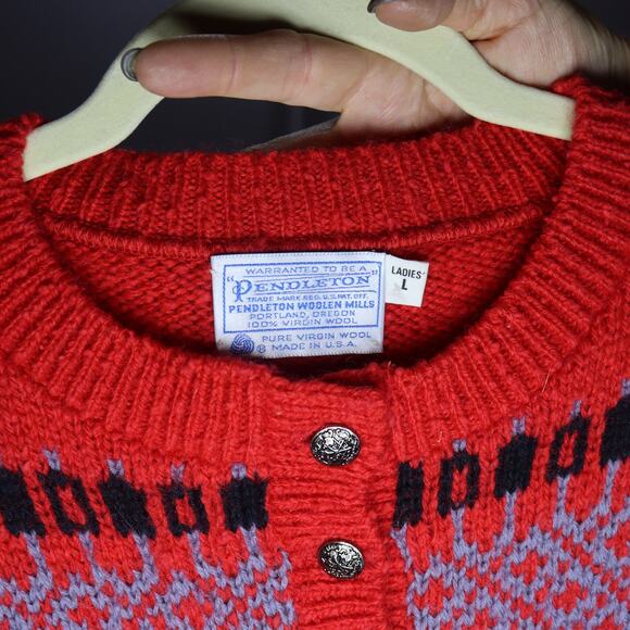 Vintage Pendleton Wool Sweater Red Fair Isle Henley Made in USA L - Picture 3 of 3